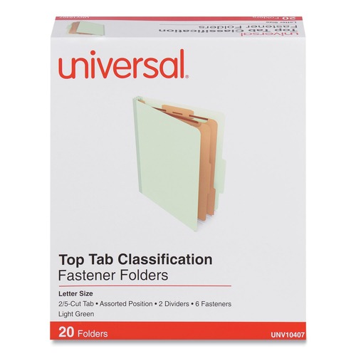 File Folders | Universal UNV10407 2 Dividers 6 Fasteners Heavy-Duty Pressboard Cover Letter Size Six-Section Classification Folders - Light Green (20/Box) image number 0