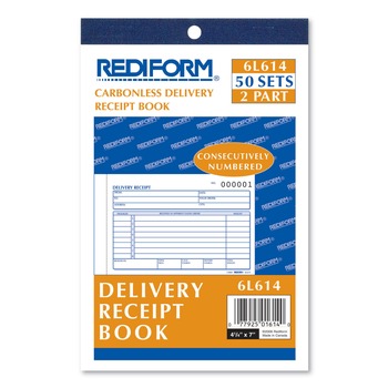 Rediform 6L614 50 Forms Total 6.38 in. x 4.25 in. Three-Part Carbonless Delivery Receipt Book