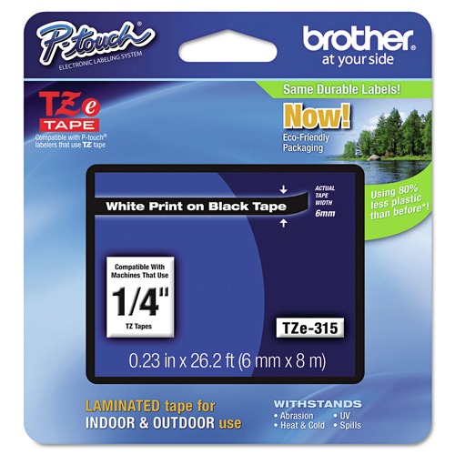 Labels | Brother P-Touch TZE315 0.23 in. x 26.2 ft. TZe Standard Adhesive Laminated Labeling Tape - White on Black image number 0