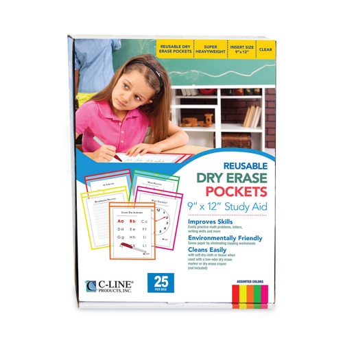 Report Covers & Pocket Folders | C-Line 40820 9 in. x 12 in. Reusable Dry Erase Pockets - Assorted Neon Colors (25/Box) image number 0