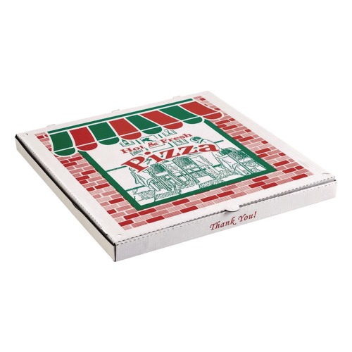 Food Trays, Containers, and Lids | ARVCO ARV 9084393 8 in. x 8 in. Corrugated Storefront Paper Pizza Boxes - White/Red/Green (50/Carton) image number 0