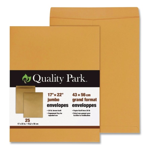 Envelopes & Mailers | Quality Park QUA42356 17 in. x 22 in. Fold Flap Closure, Kraft Envelope - Jumbo, Brown Kraft (25/Pack) image number 0