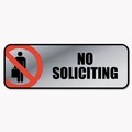 Floor Signs & Safety Signs | Cosco 098208 9 in. x 3 in. No Soliciting Brushed Metal Office Sign - Silver/Red image number 0