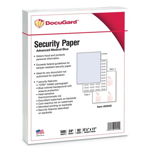 Retail Store Supplies | DocuGard 04545 8.5 in. x 11 in. 24 lbs. Bond Weight Medical Security Papers - Blue (1-Ream) image number 0