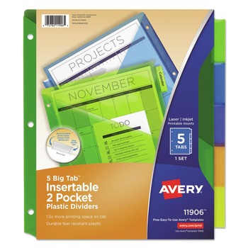 Avery 11906 Insertable 5-Tab 11-1/8 in. x 9-1/4 in. Big Tab Plastic Dividers with Two Pockets - Multicolor (1-Set)
