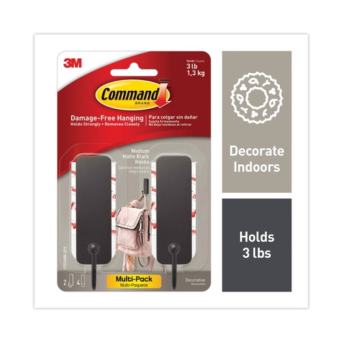 Hook & Loop Fasteners | Command 17034MB-2ES 3 lbs. Capacity Plastic Decorative Hooks - Medium Matte Black (2/Pack) image number 0
