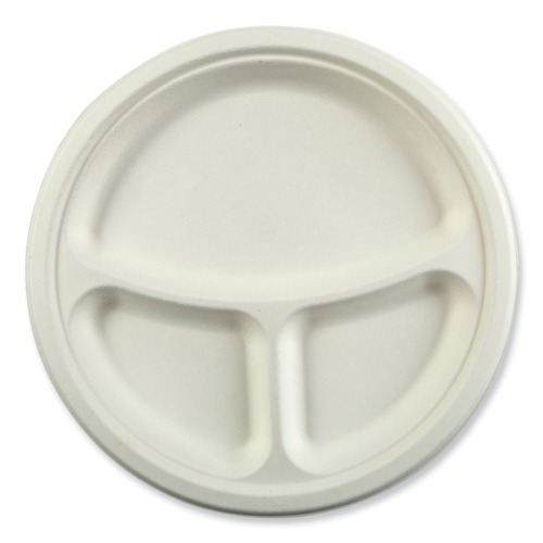 Bowls and Plates | AmerCareRoyal PL-11-NPFA 10.24 in. Diameter 3-Compartment Bagasse PFAS-Free Plate Dinnerware - White (500/Carton) image number 0
