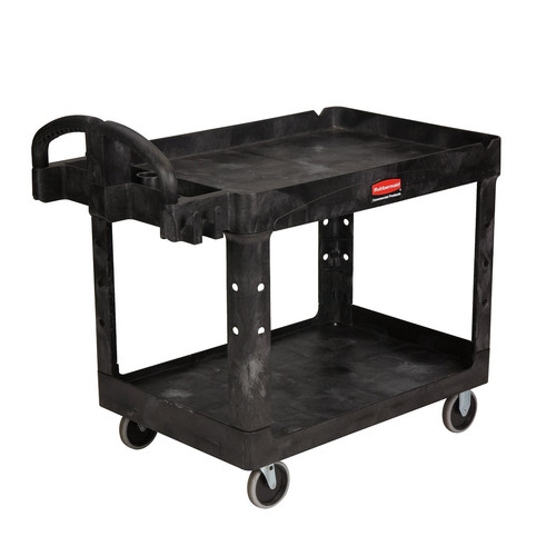 Just Launched | Rubbermaid Commercial FG452088BLA 25.9 in. x 45.2 in. x 32.2 in. 500 lbs. Capacity 2 Lipped Shelves Heavy-Duty Plastic Utility Cart - Black image number 0