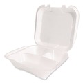 Food Trays, Containers, and Lids | Plastifar 12094 9 in. x 9 in. x 3 in. Secure Two Tab Latch Poly Bag 3 Compartments Foam Hinged Lid Container - White (200/Carton) image number 1