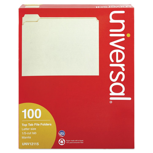 Just Launched | Universal UNV12115EE 1/5-Cut Assorted Top Tab File Folders - Letter Size, Manila (100/Box) image number 0
