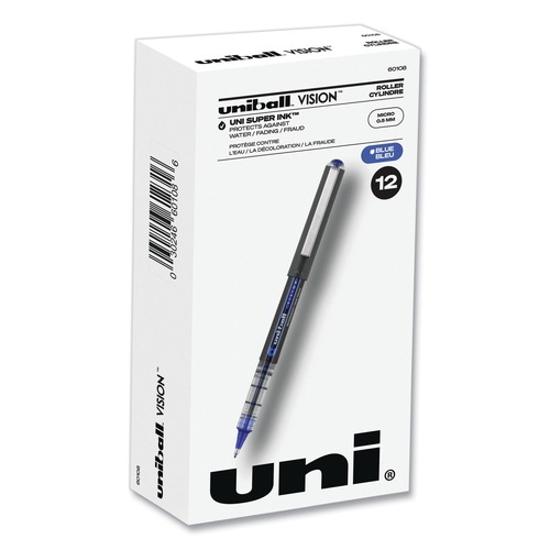 Pens | uni-ball 60108 VISION 0.5 mm Stick Roller Ball Pen - Blue Ink/Gray/Blue/Clear Barrel/Extra-Fine (1-Dozen) image number 0
