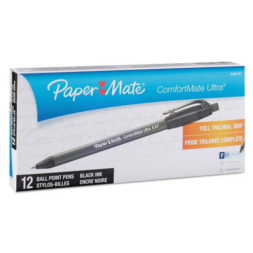 Pens | Paper Mate 6380187 0.8 mm ComfortMate Ultra Fine Retractable Ballpoint Pen - Black Ink/Black Barrel (1-Dozen) image number 0