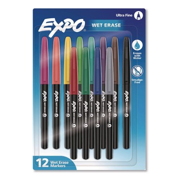 EXPO 2211351 Wet Erase Markers Ultra Fine Needle Tip Assorted Colors 12/Pack