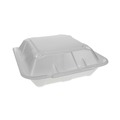Food Trays, Containers, and Lids | Pactiv Corp. YTD19903ECON 3 Compartment 9.13 in. x 9 in. x 3.25 in. Dual Tab Lock Economy Foam Hinged Lid Containers - White (150/Carton) image number 0