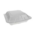 Food Trays, Containers, and Lids | Pactiv Corp. YTD19903ECON 9.13 in. x 9 in. x 3.25 in. 3 Compartment Dual Tab Lock Economy Vented Foam Hinged Lid Containers - White (150/Carton) image number 0