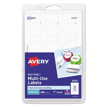 LABELS AND LABEL MAKERS | Avery 05410 1 in. Diameter Removable Multi-Use Labels for Inkjet/Laser Printers - White (12/Sheet, 50 Sheets/Pack)