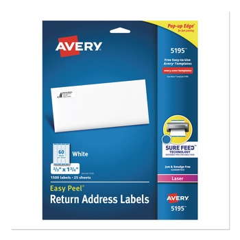 Avery 05195 Easy Peel 0.66 in. x 1.75 in. Address Labels with Sure Feed Technology - White (60/Sheet, 25 Sheets/Pack)