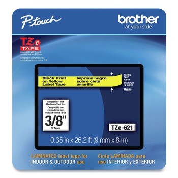 TAPES | Brother P-Touch TZE621CS Tze Laminated Removable Label Tapes, 0.35-in X 26.2 Ft, Black On Yellow
