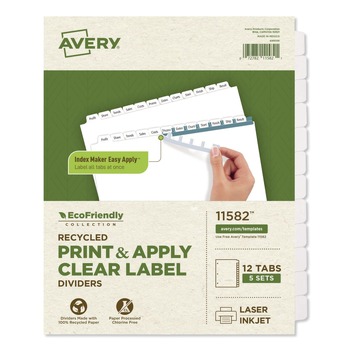 DIVIDERS AND TABS | Avery 11582 11 in. x 8.5 in. 12-Tab Index Maker EcoFriendly Print and Apply Clear Label Dividers - White (5 Sets/Pack)