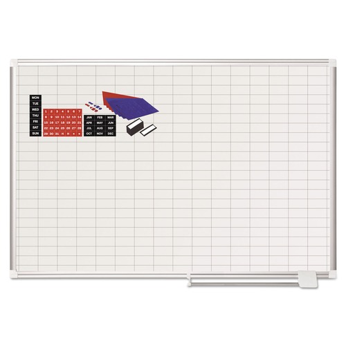 White Boards | MasterVision MA0592830A 1 in. x 2 in. Grid 48 in. x 36 in. Aluminum Lacquered Steel Magnetic Dry Erase Planning Board with Accessories - White/Silver image number 0