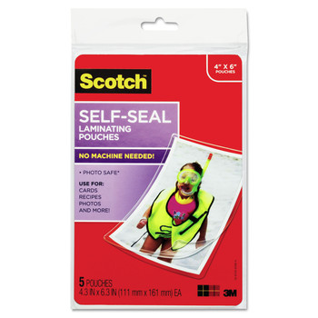 Scotch PL900G-SR 4.38 in. x 6.38 in. 9.5 mil Self-Sealing Laminating Pouches - Gloss Clear (5/Pack)