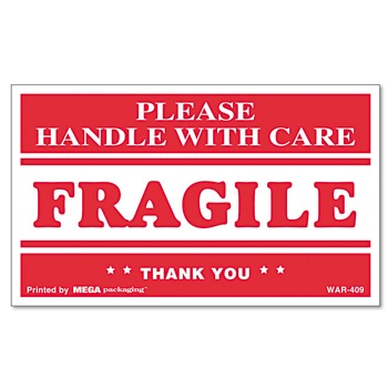 LABELS AND LABEL MAKERS | Universal UNV308383 3 in. x 5 in. Printed Message FRAGILE Handle with Care Self-Adhesive Shipping Labels - Red/Clear (1-Roll)