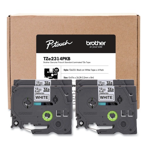 Tapes | Brother P-Touch TZE2314PKB 0.5 in. TZe Series Standard Adhesive Laminated Labeling Tape - Black on White (4/Pack) image number 0