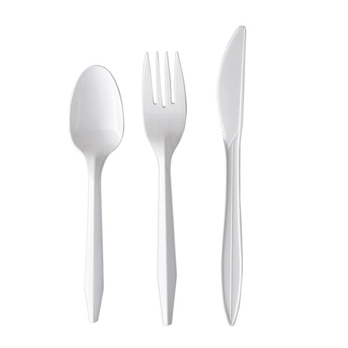 Cutlery | Boardwalk BWK3KITWHPS 3-Piece Mediumweight Fork/Knife/Teaspoon Cutlery Kit - White (250/Carton) image number 0