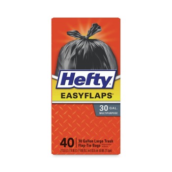  | Hefty PAC E27744 Easy Flaps 30 in. x 33 in. 30-Gallon 0.85 mil. Trash Bags - Black (40/Box)