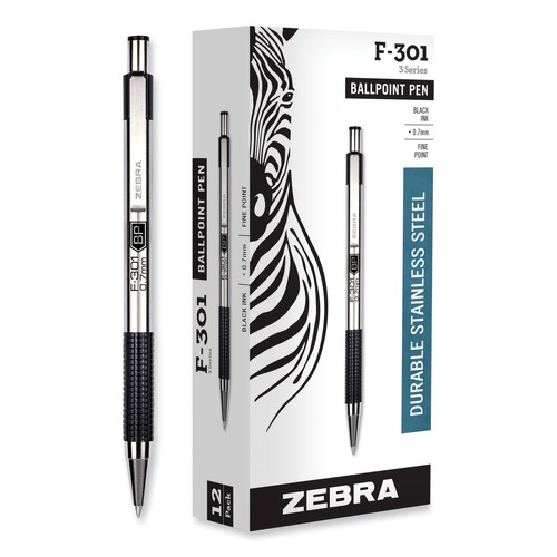 Pens | Zebra 27110 F-301 Fine 0.7 millimeter Retractable Ballpoint Pen - Black Ink/Stainless Steel/Black Barrel (1-Dozen) image number 0