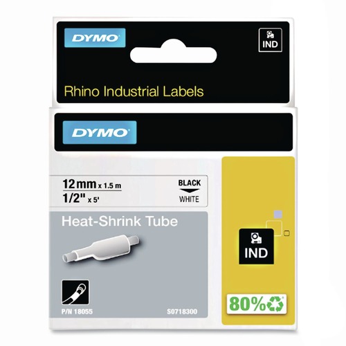 Back to School Sale | DYMO 18055 0.5 in. x 5 ft. Rhino Heat Shrink Tubes Industrial Label Tape - White/Black Print (1-Roll) image number 0