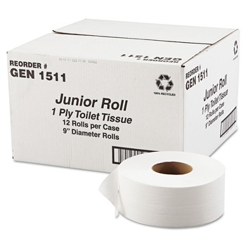 TISSUES | GEN G1511 3.3 in. x 1200 ft. 1-Ply JRT Septic Safe Jumbo Bath Tissue - White (12/Carton)
