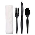 Cutlery | Boardwalk BWKFKTNMWPSBLA 4-Piece Fork/Knife/Napkin/Teaspoon Cutlery Kit - Black (250/Carton) image number 0