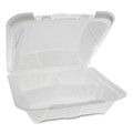 Food Trays, Containers, and Lids | Pactiv Corp. YTD199030000 9.13 in. x 9 in. x 3.25 in. 3 Compartments Dual Tab Lock Vented Foam Hinged Lid Container - White (150/Carton) image number 1