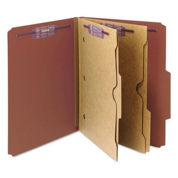 Smead 14079 6 SafeSHIELD Fasteners 2 Dividers Letter Size 6-Section Pressboard Top Tab Pocket Classification Folders - Red (10/Box)