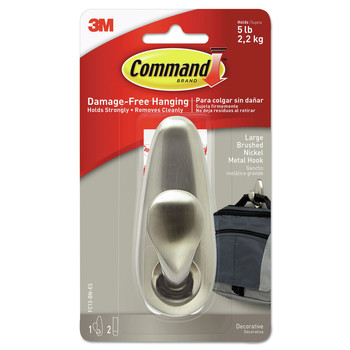 Command FC13-BN-ES 5 lbs. Capacity Adhesive Mount Metal Hook - Large, Brushed Nickel Finish (1 Hook and 2 Strips/Pack)