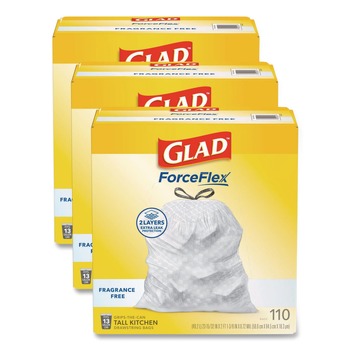 PRODUCTS | Glad 22541 ForceFlex Kitchen Drawstring Trash Bags, Drawstring, 13 gal, Unscented, 23.47 x 25.38, White, 110 Bags/Box, 3 Boxes/Carton