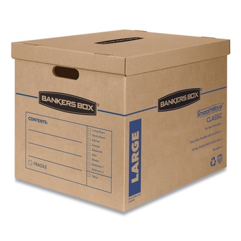 DESK ACCESSORIES AND OFFICE ORGANIZERS | Bankers Box 7718201 SmoothMove Classic 21 in. x 17 in. x 17 in. Half Slotted Container Moving and Storage Boxes - Large, Brown Kraft/Blue (5/Carton)