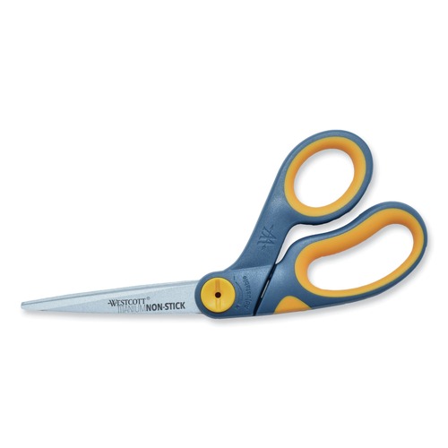 Arts & Crafts Supplies | Westcott 14850 8 in. Long x 3.25 in. Cut Length Non-Stick Titanium Bonded Scissors - Crane-Style Gray/Yellow Handle image number 0