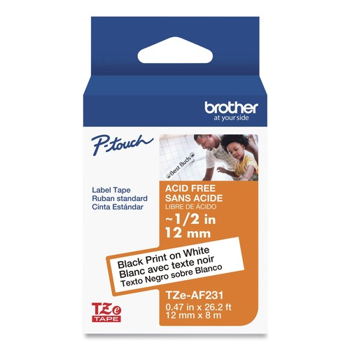Labels | Brother P-Touch TZEAF231 0.47 in. x 26.2 ft. TZ Photo-Safe Tape Cartridge for P-Touch Labelers - Black on White image number 0