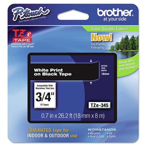 Labels | Brother P-Touch TZE345 0.7 in. x 26.2 ft. TZe Standard Adhesive Laminated Labeling Tape - White on Black image number 0