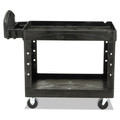 Just Launched | Rubbermaid Commercial FG452088BLA 25.9 in. x 45.2 in. x 32.2 in. 500 lbs. Capacity 2 Lipped Shelves Heavy-Duty Plastic Utility Cart - Black image number 7