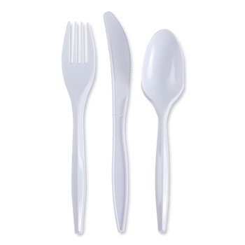 BREAKROOM SUPPLIES | Boardwalk BWKCOMBOKIT Plastic Fork/Knife/Teaspoon Cutlery Kit - White (250/Carton)
