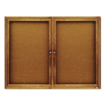 Quartet 364 48 in. x 36 in. Enclosed Indoor Cork Bulletin Board with Two Hinged Doors - Tan Surface/Oak Finished Fiberboard Frame