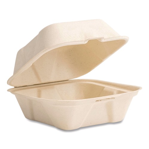 Food Trays, Containers, and Lids | Vegware VW-HC6NFA 5.9 in. x 5.9 in. x 2.9 in. Nourish Molded Fiber Compostable Sugarcane Takeout Containers - White (400/Carton) image number 0