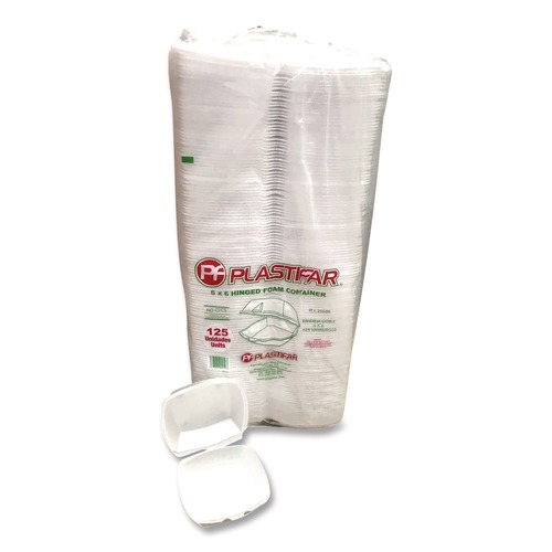 Food Trays, Containers, and Lids | Plastifar 12175 6 in. x 6 in. x 3 in. Foam Hinged Lid Containers - White (500/Carton) image number 0