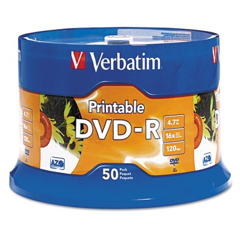 Verbatim 95137 4.7 GB 16X DVD-R Recordable Discs in Spindle - White (50/Pack)
