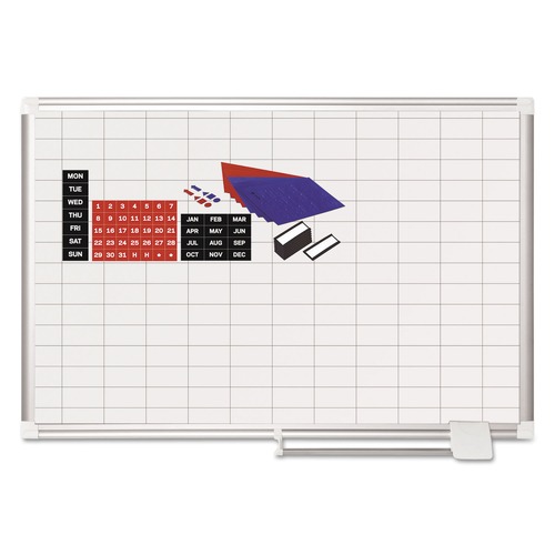 White Boards | MasterVision MA0392830A 1 in. x 2 in. Grid 36 in. x 24 in. Aluminum Lacquered Steel Magnetic Dry Erase Planning Board with Accessories - White/Silver image number 0