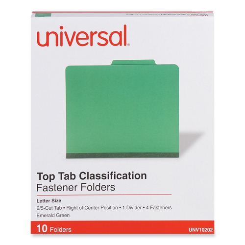File Folders | Universal UNV10202 Bright Colored Pressboard Classification Folders - Letter, Emerald Green (10/Box) image number 0