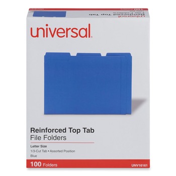 Universal UNV16161 Reinforced 1/3-Cut Assorted Top-Tab File Folders - Letter Size, Blue (100/Box)